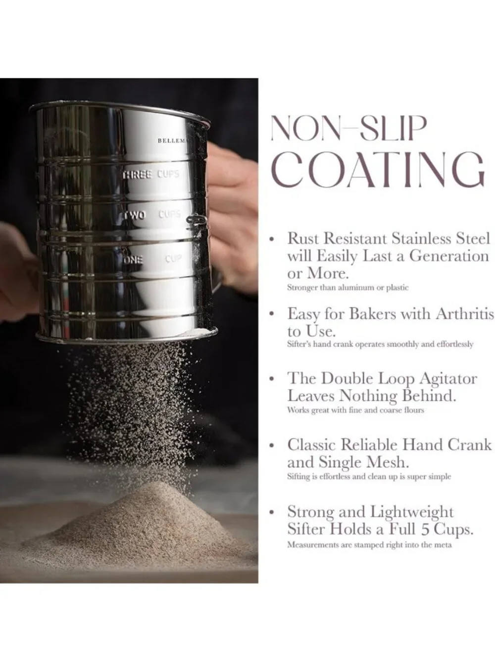 5-Cup Flour Sifter for Baking - Fine Mesh Rotary Hand Crank & Loop Agitator